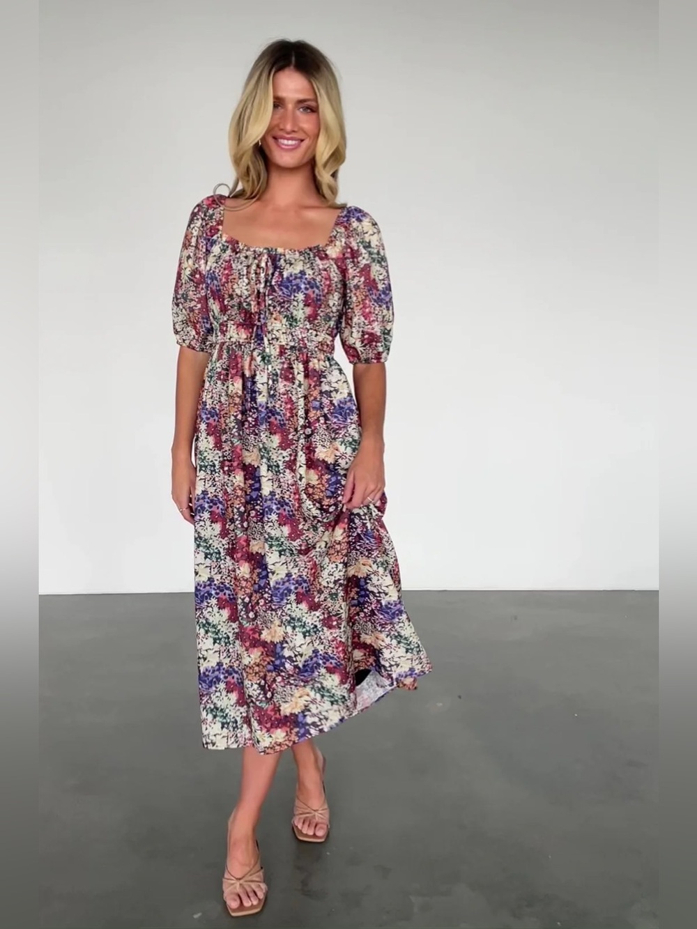 EUC Baltic Born Eden Dress Multi-Color Floral Puff Sleeve Square Neck Midi Dress - Picture 4 of 14